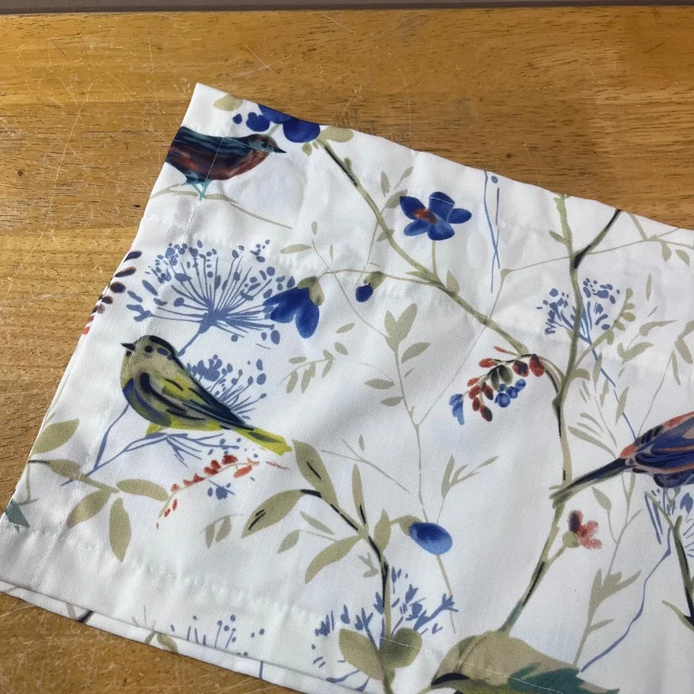 Bird Floral Linen Window Valance 52x12 White Blue Botanical Print Handmade